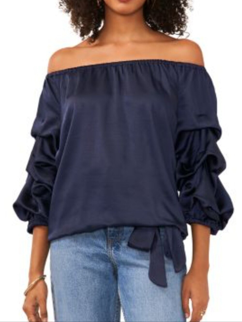 NWT! Vince Camuto Navy Off-The-Shoulder Satin Blouse with Cha-Cha Sleeves